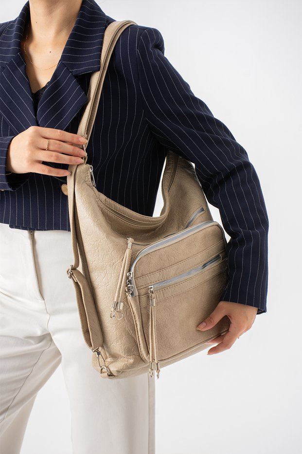 Taupe Color Soft Leather Stylish and Practical Large Multi-Compartment 3-in-1 Women's Backpack, Shoulder Bag, and Crossbody Bag