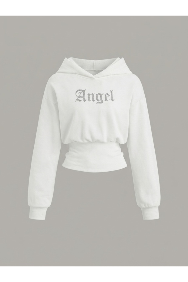 Women's Oversize Crystal Stone Printed Short Hooded Crop Sweatshirt