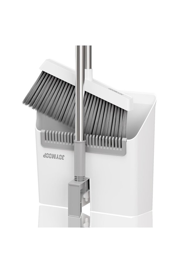 White Broom and Dustpan Set, Upright Angle Design with Built-in Comb Teeth for Kitchen, Office, Pet Hair, Hard Floors