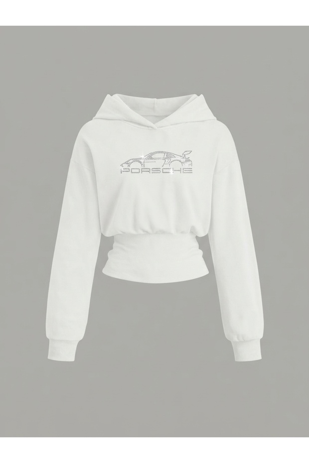 Women's Oversize Crystal Stone Printed Short Hooded Crop Sweatshirt
