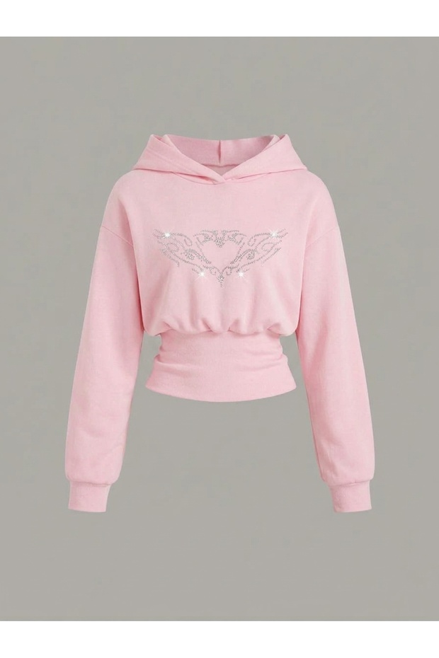 Women's Oversize Crystal Stone Printed Short Hooded Crop Sweatshirt