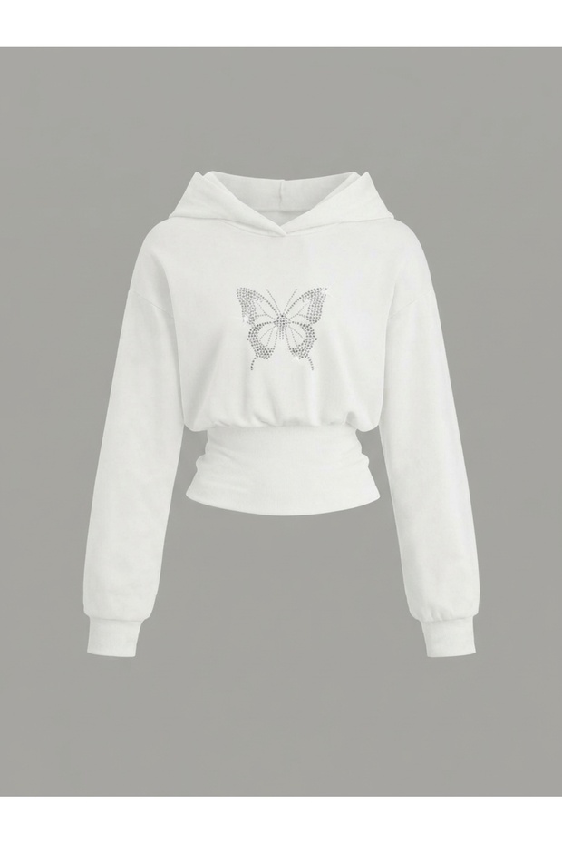 Women's Oversize Crystal Stone Printed Short Hooded Crop Sweatshirt