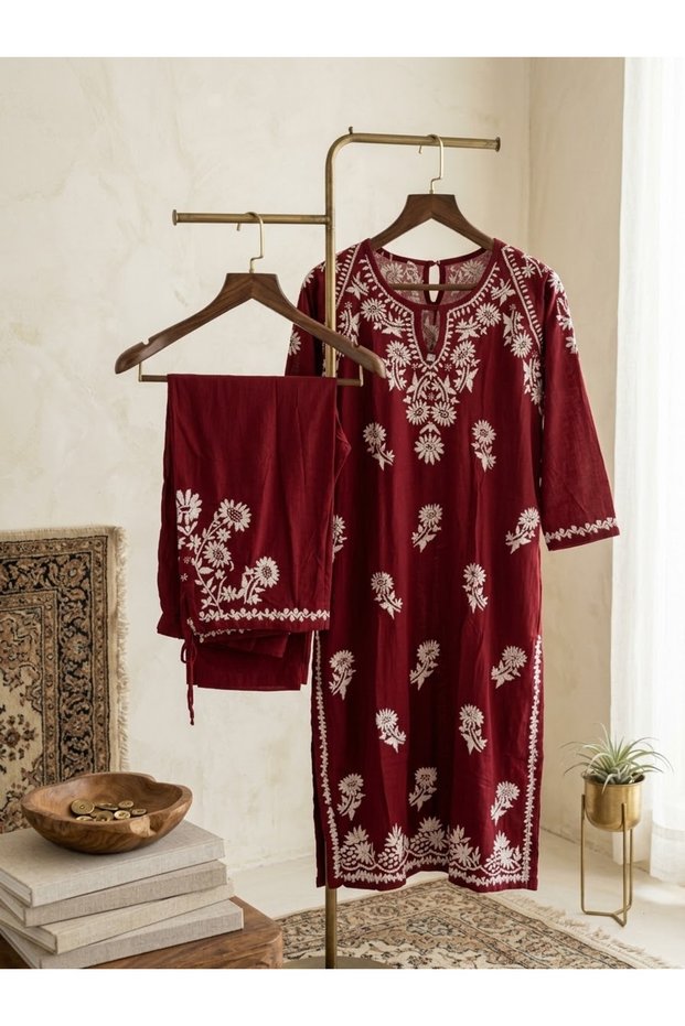 Maroon Chickenkari Coord set