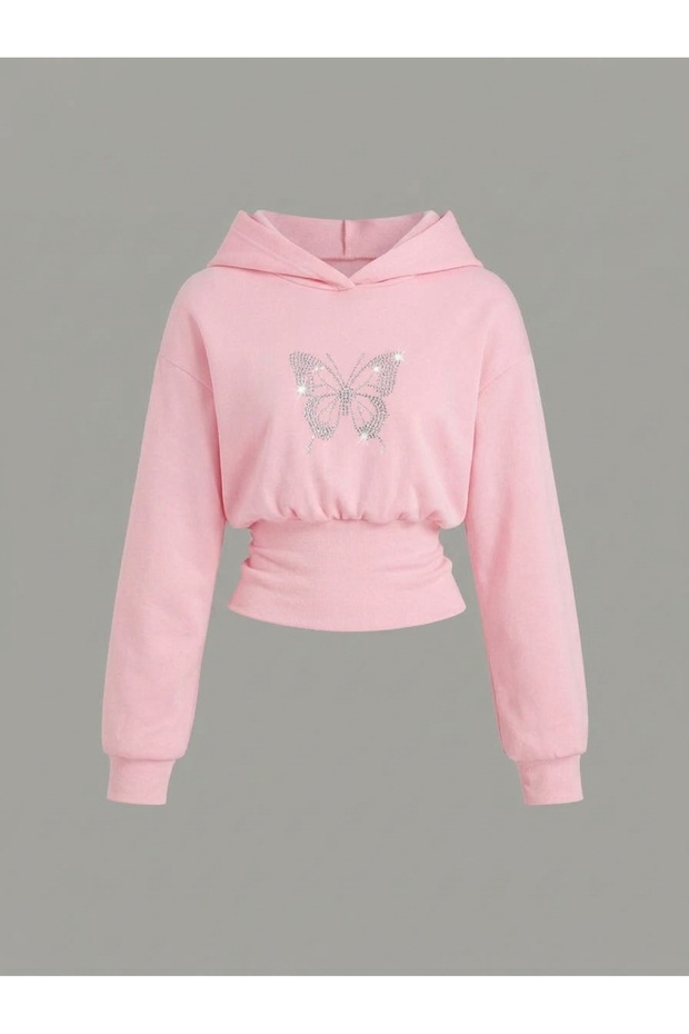 Women's Oversize Crystal Stone Printed Short Hooded Crop Sweatshirt