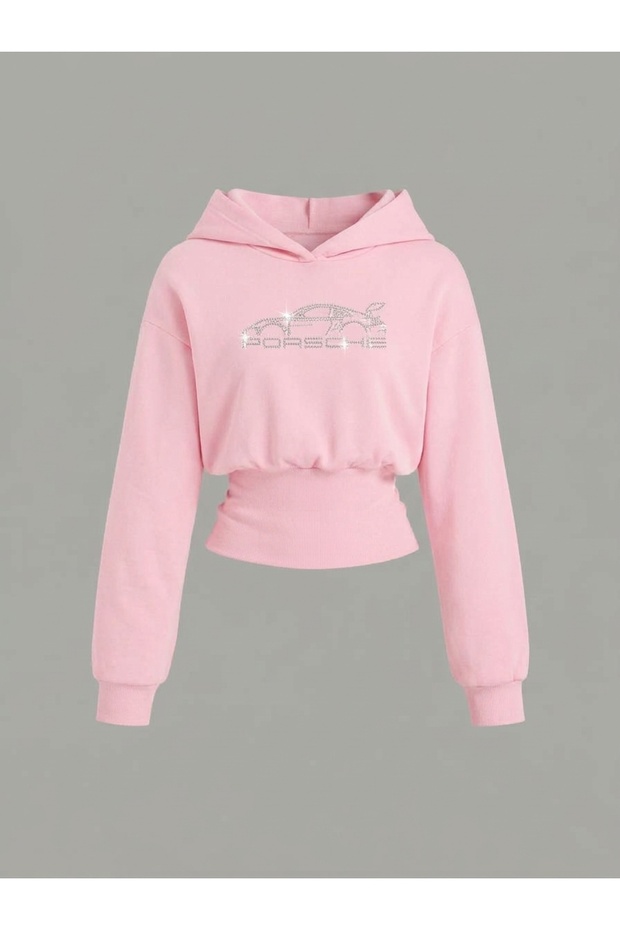 Women's Oversize Crystal Stone Printed Short Hooded Crop Sweatshirt