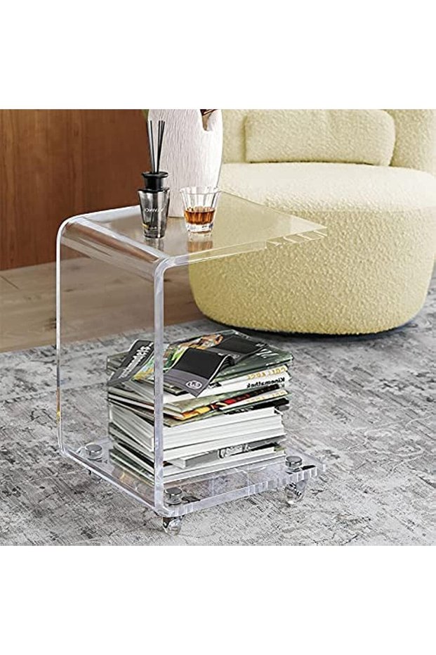 Mobile C Shaped End Table,Acrylic Sofa Side Table, Snack Table On Wheels