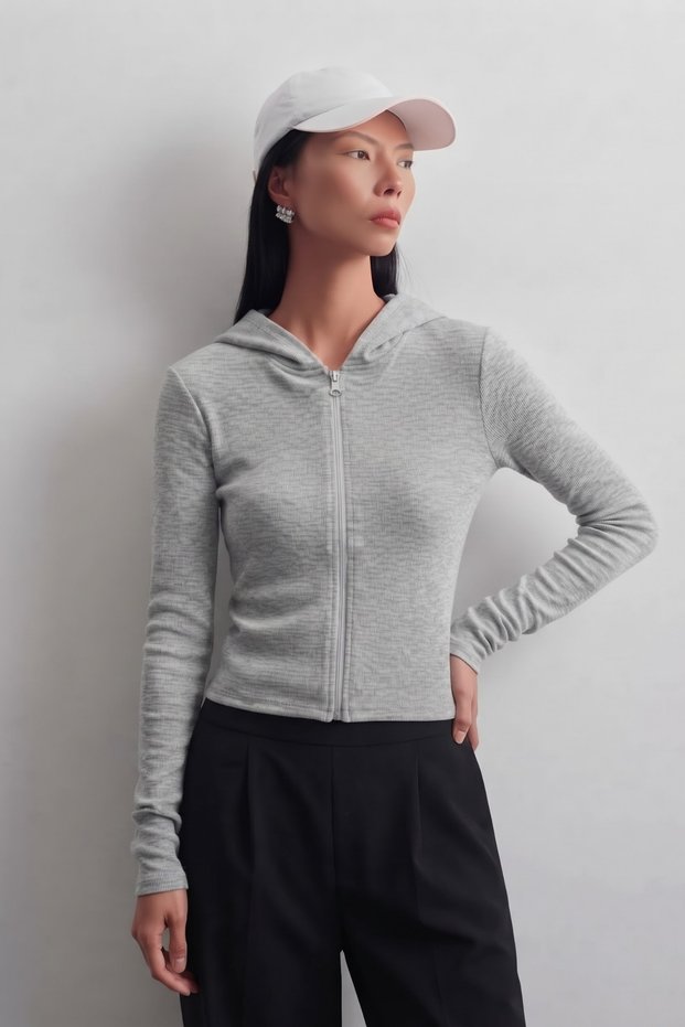 Women's Modal Hooded Zippered Comfortable Ribbed Long Sleeve Gray Sweatshirt & Cardigan
