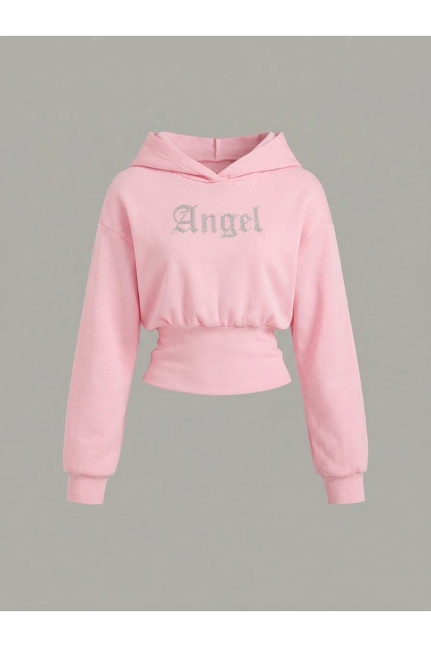 Women's Oversize Crystal Stone Printed Short Hooded Crop Sweatshirt