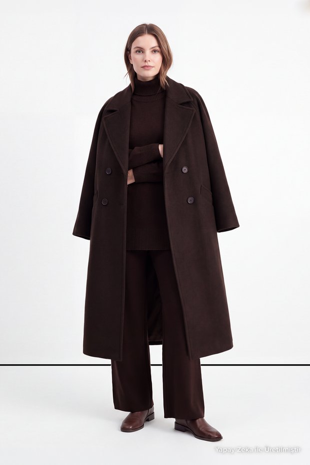 Double-Breasted Collar Pocket Detailed Cashmere Coat Brown Coat 13300