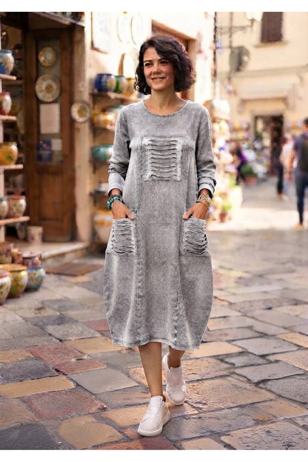 Women's Round Neck 100% Cotton Knitwear Midi Dress with Pocket and Vintage Detail