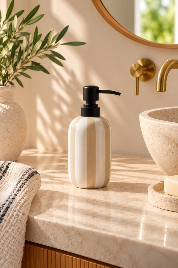 Striped Pump Liquid Soap Dispenser – Modern Decorative Bathroom and Kitchen Soap Dispenser – Black, Red, Green, Cream Color Options