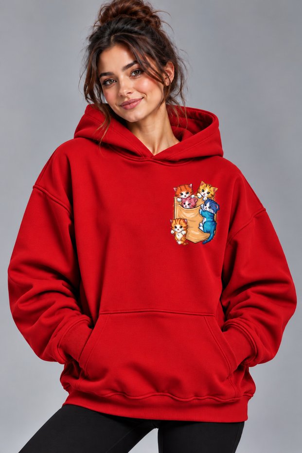 Oversize Hoodie Sweatshirt with Cat Print, Premium Thick Winter Hoodie with Kangaroo Pocket