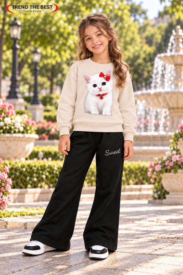Winter, Spring, and Autumn Girls' Black Spanish Flared Bottoms and Beige Sweat Top