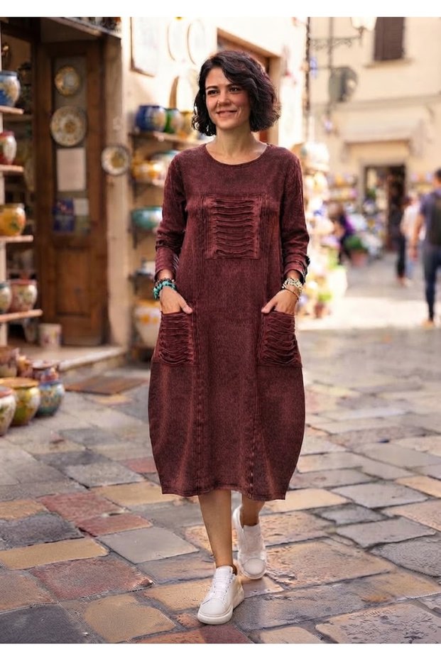 Women's Round Neck 100% Cotton Knitwear Midi Dress with Pocket and Vintage Detail