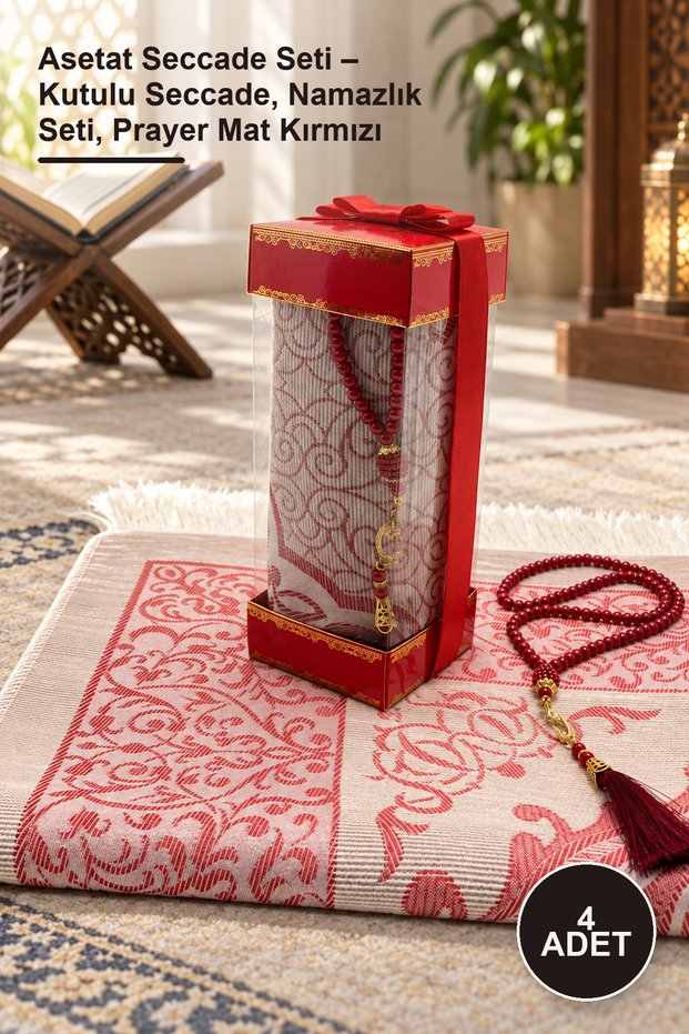 4 Piece Acetate Prayer Rug Set – Boxed Prayer Rug, Prayer Mat Set, Prayer Mat Red
