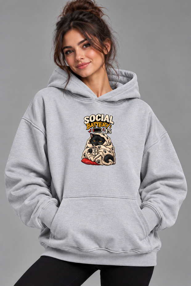 Oversize Hoodie Sweatshirt with Cat Print, Premium Thick Winter Hoodie with Kangaroo Pocket