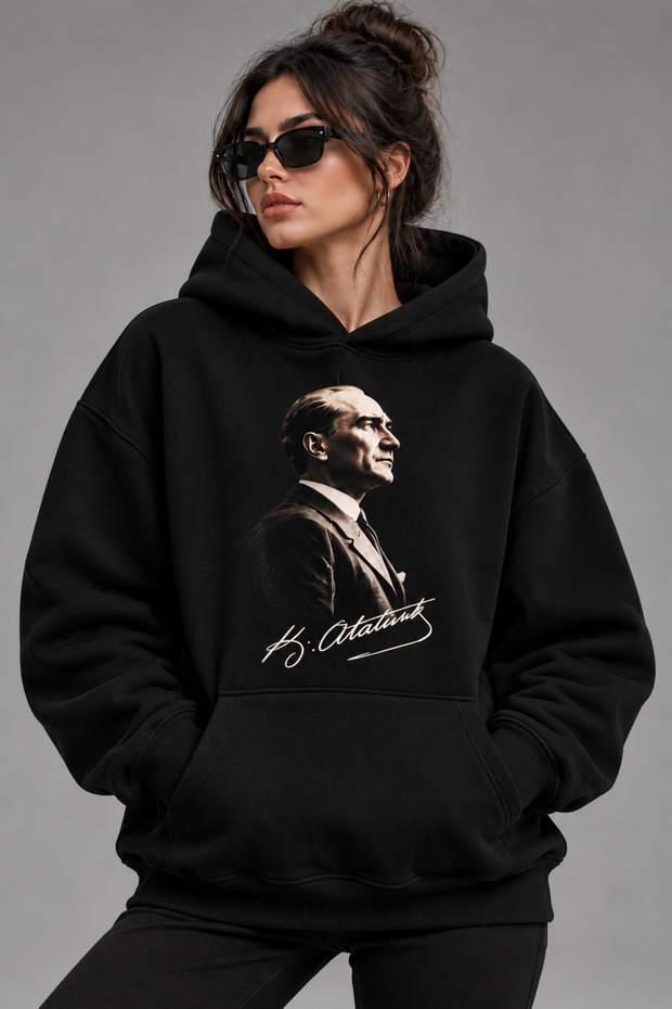 Oversize Hoodie Sweatshirt Atatürk Printed Hooded with Kangaroo Pocket Premium Thick Winter Style