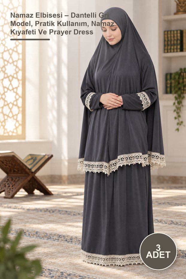 3 Pieces of Prayer Dress – Gray Model with Lace, Practical Use, Prayer Clothing and Prayer Dress