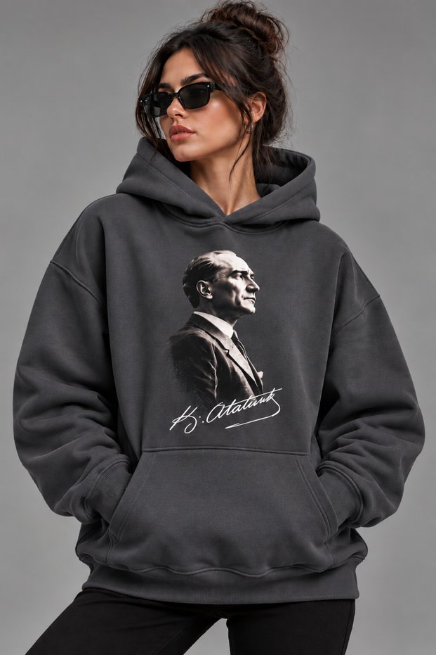 Oversize Hoodie Sweatshirt Atatürk Printed Hooded with Kangaroo Pocket Premium Thick Winter Style