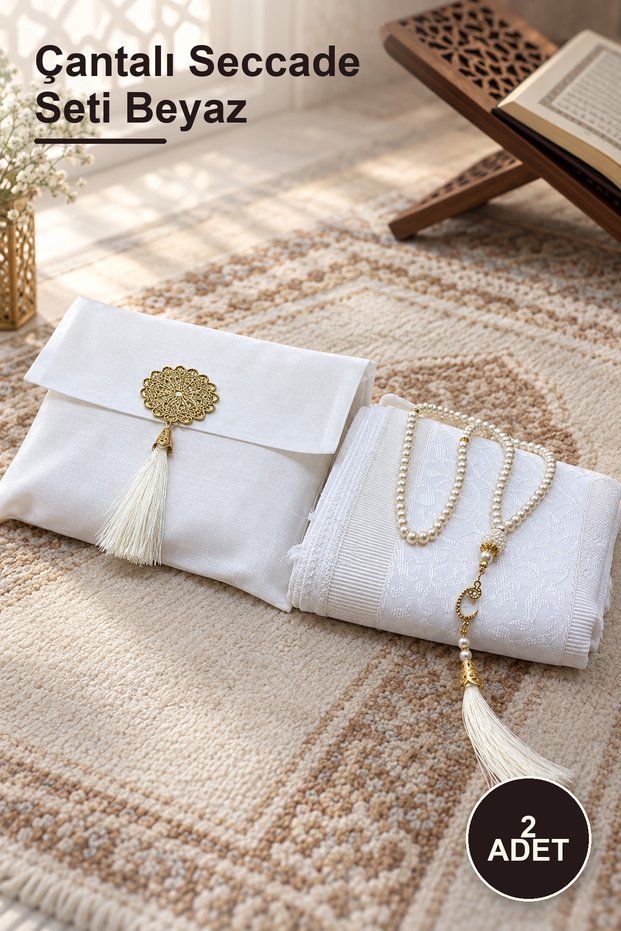 2 Piece Prayer Rug Set with Bag White