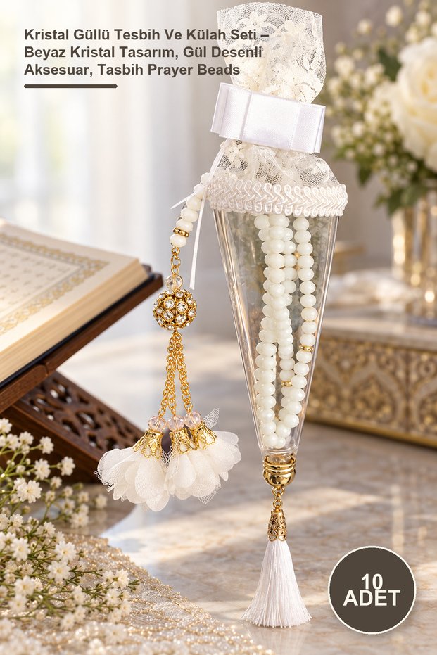 10 Piece Crystal Rose Prayer Beads and Cone Set – White Crystal Design, Rose Patterned Accessory, Tasbih Prayer Beads
