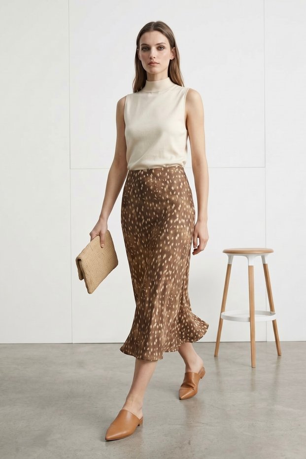 Bambi Pattern Viscose Satin Fabric Midi Length Brown Skirt