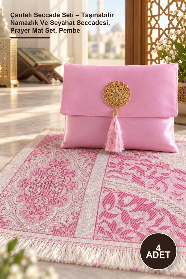 4-Piece Prayer Mat Set with Bag – Portable Prayer Mat and Travel Prayer Mat, Prayer Mat Set, Pink