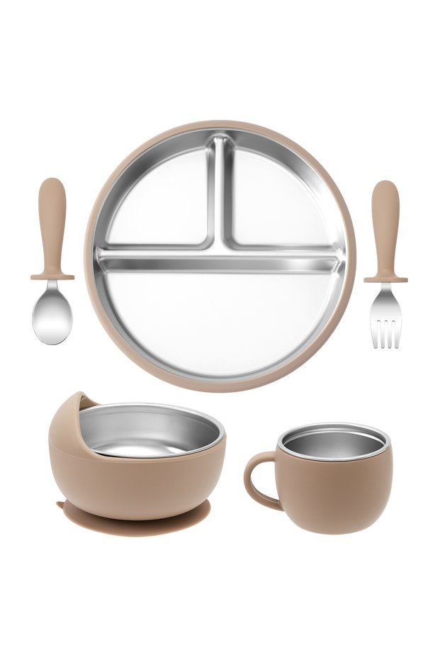 59-taupe 5PCS Stainless Steel Dishes Plate Baby Feeding Set With Detachable Silicone Sucker Bowl BPA