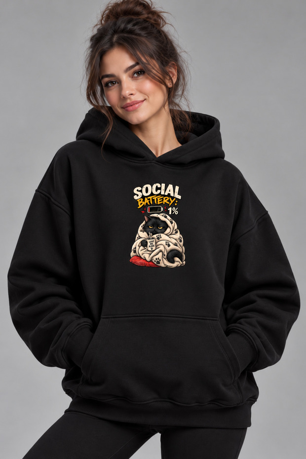 Oversize Hoodie Sweatshirt with Cat Print, Premium Thick Winter Hoodie with Kangaroo Pocket