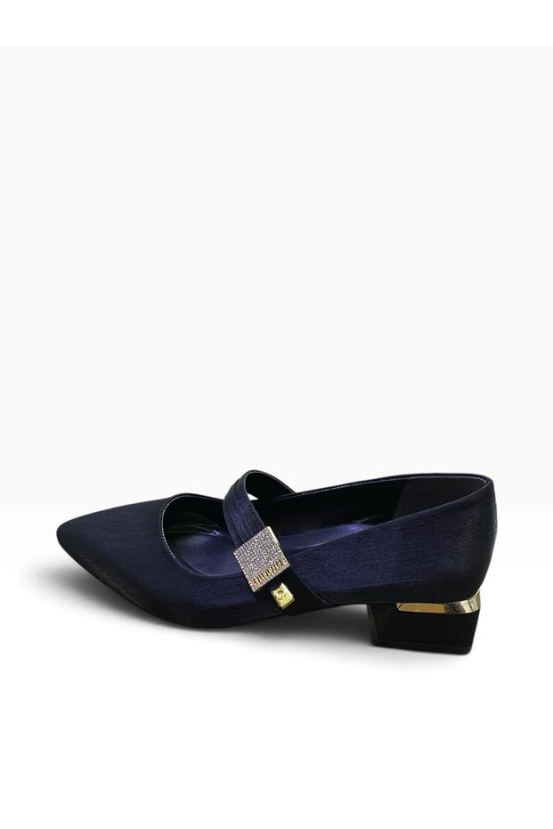 Women's Thick Short Heeled Evening Dress Shoes with Stone Heel and Metal Detail
