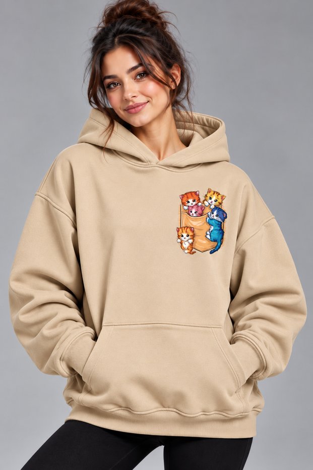 Oversize Hoodie Sweatshirt with Cat Print, Premium Thick Winter Hoodie with Kangaroo Pocket