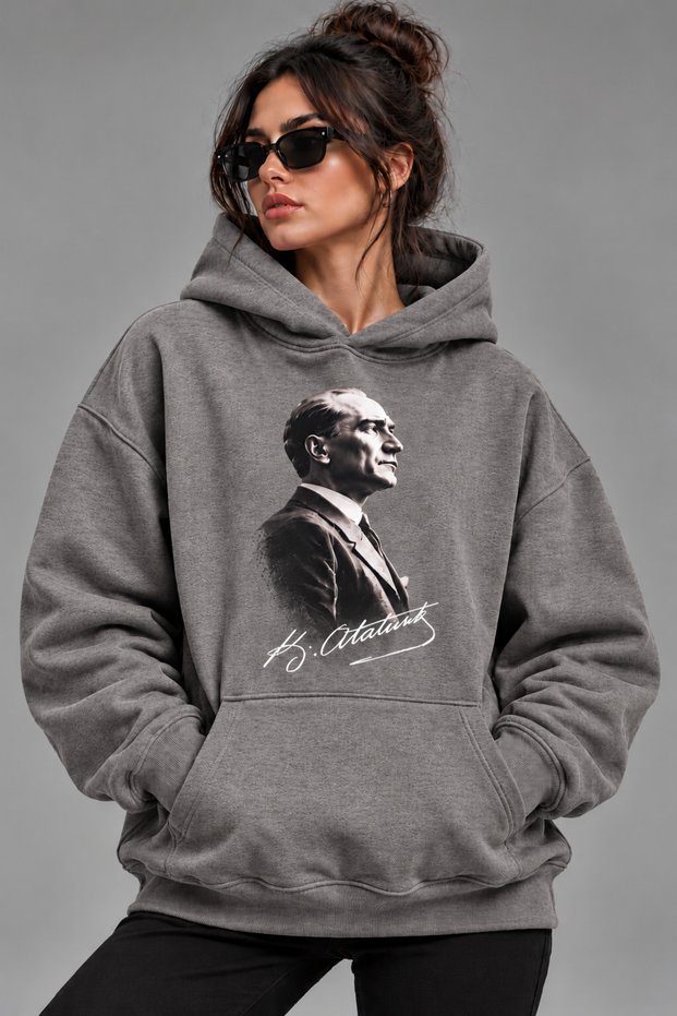 Oversize Hoodie Sweatshirt Atatürk Printed Hooded with Kangaroo Pocket Premium Thick Winter Style