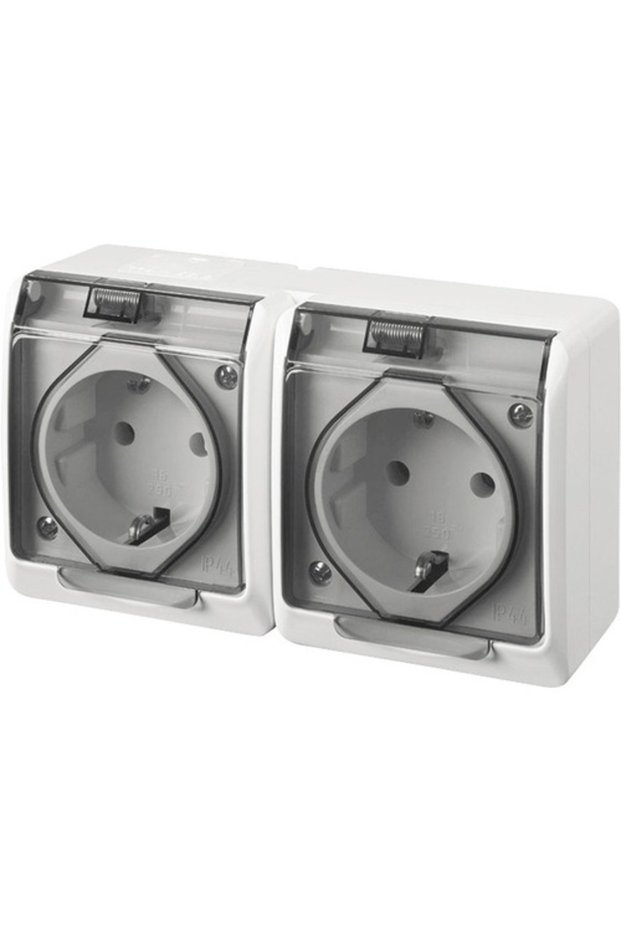 Double socket with grounding Hermes IP44 white, horizontal surface mounting