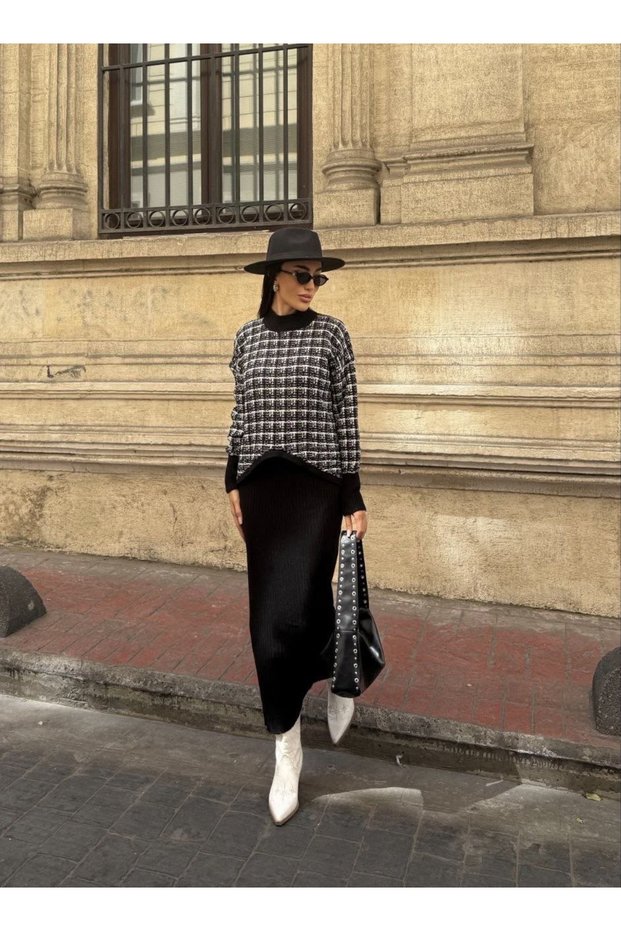 Women's Black Patterned Dress and Sweater Set