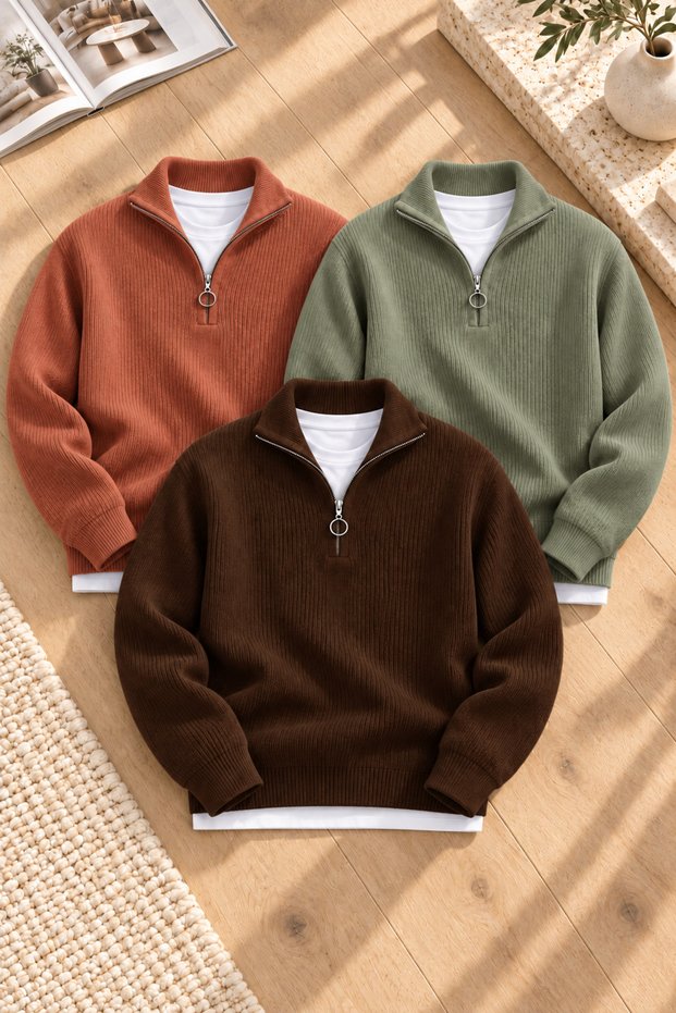 Men's 3-Piece Set of Thick Knit Winter Sweaters with Stand-Up Collar and Half-Zip Closure.