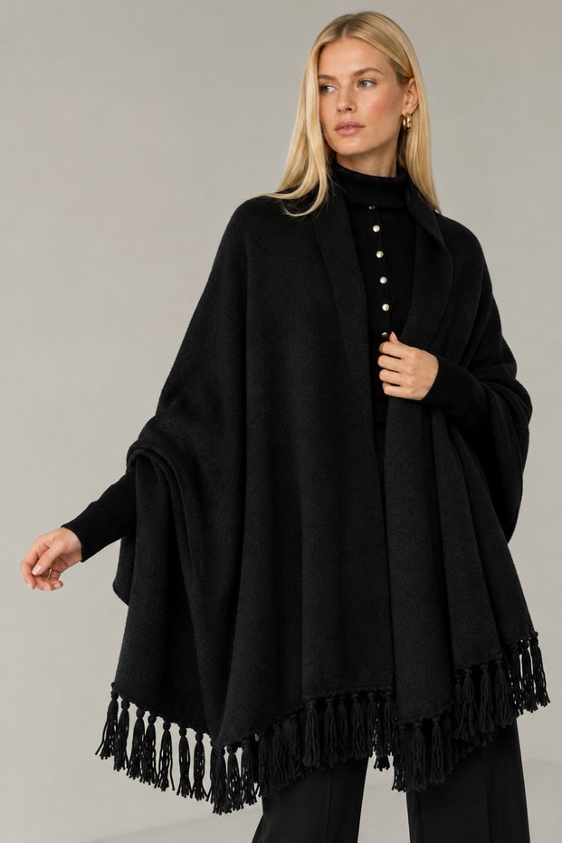 Women's Tasseled Sleeve Shawl Poncho Knitwear Knitted Winter Poncho - Shoulder Shawl with Sleeves - Black