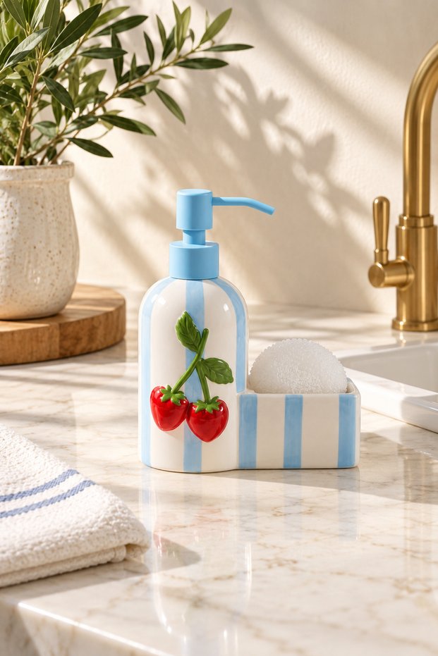 Fruit Patterned Pump Liquid Soap Dispenser and Sponge Holder – 2-in-1 Decorative Kitchen Soap Dispenser with Lemon and Red Fruit Figures