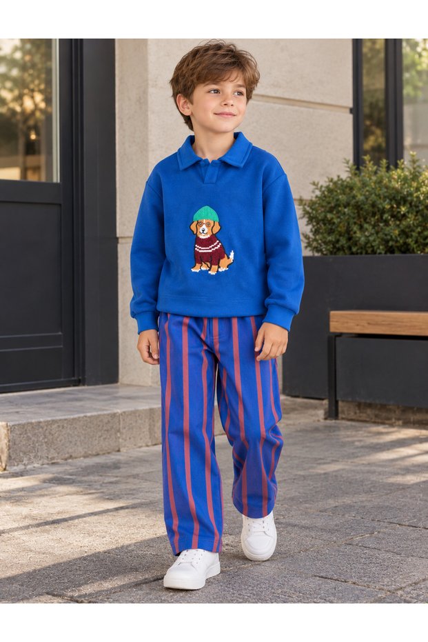 New Season Dog Embroidered Sweatshirt and Striped Sweatpants Boys' Top and Bottom Set
