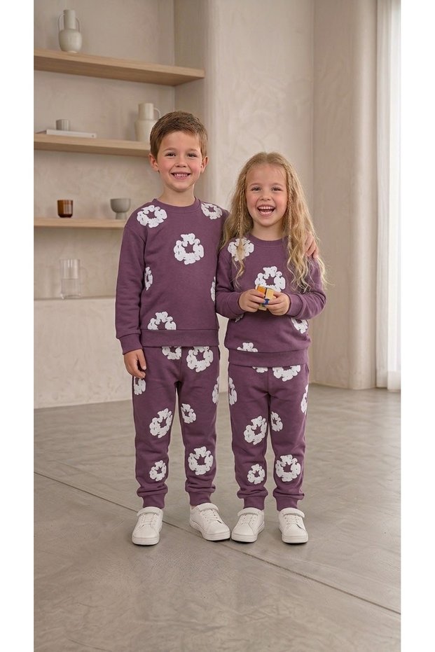Girls Boys Unisex Floral Patterned Sweatshirt and Sweatpants 2-Piece Set