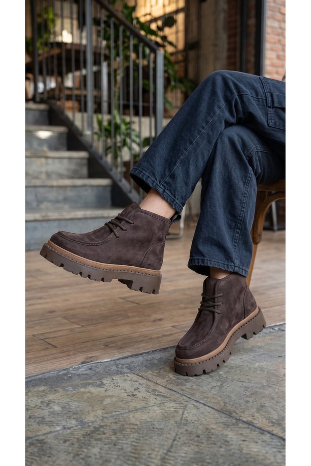 Sms3724Women's Brown Suede Lace-Up Thick-Soled Casual Boots