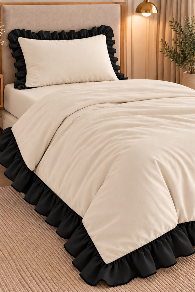 Ruffled 100% Cotton Single Duvet Cover Set Cream