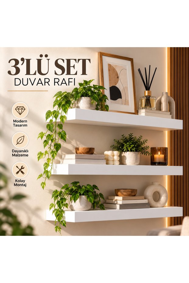 3’lü Beyaz Duvar Rafı Seti
