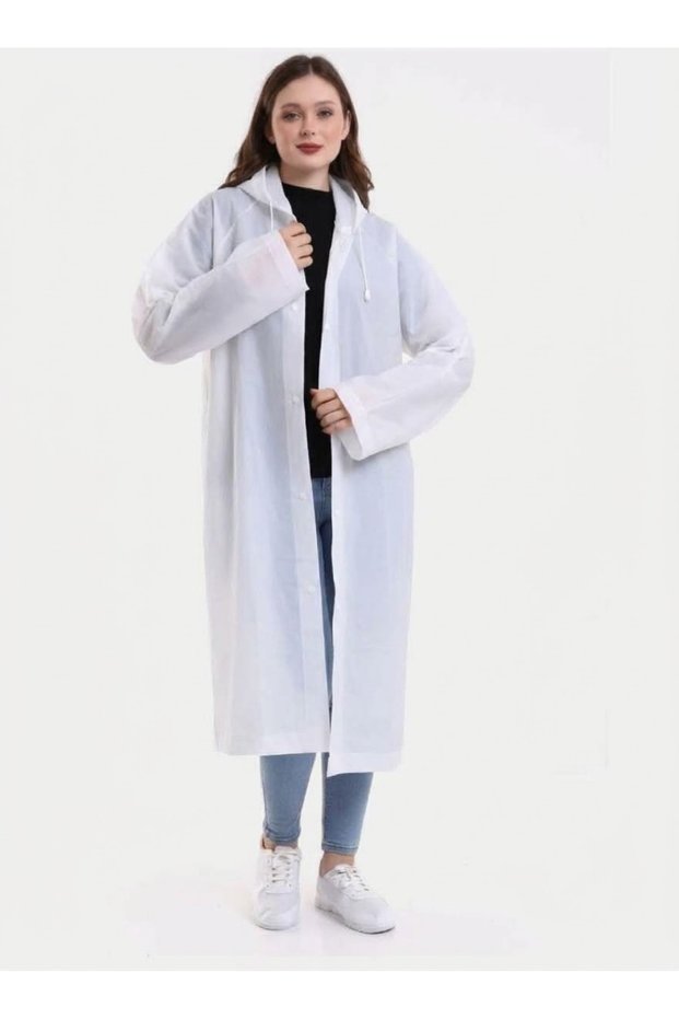 Women's Men's Raincoat with Umbrella Hood and Snap Fasteners