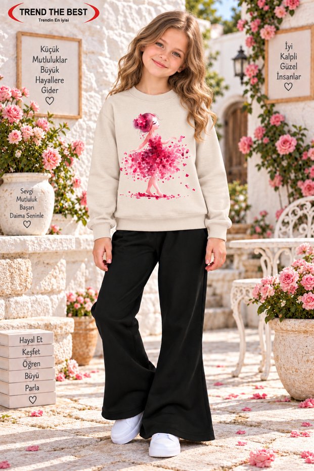 Winter, Spring, and Autumn Girls' Black Spanish Flared Bottoms and Beige Sweat Top