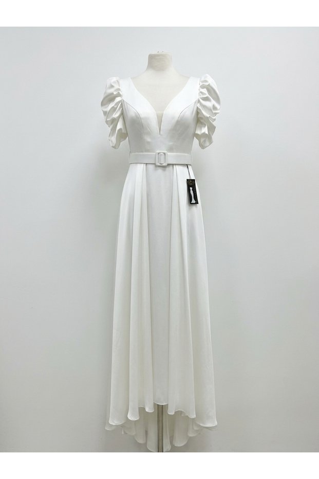 Women's White V-Neck Balloon Sleeve Belted Long Satin Evening Dress Wedding Dress Promise Engagement Outdoor Shooting Dress