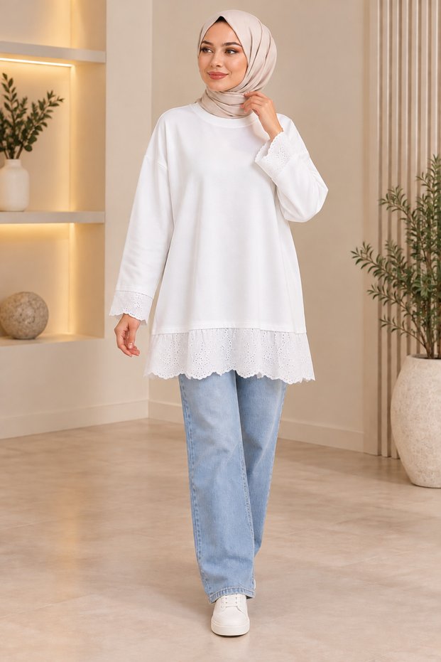 Women's Lace Detailed Long Tunic Hijab Sweatshirt Tunic Crew Neck Relaxed Fit