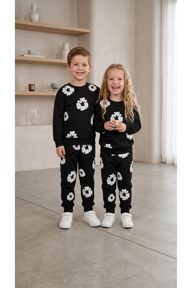 Girls Boys Unisex Floral Patterned Sweatshirt and Sweatpants 2-Piece Set