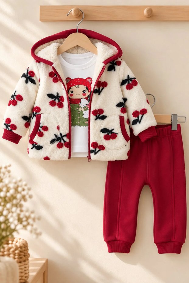 Baby Girl 3 Piece Set Cherry Pattern Hooded Plush Cardigan Girl Printed Long Sleeve Sweatshirt and Sweatpants