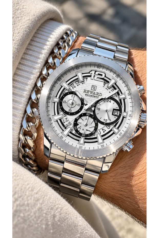 Functions Active Silver Color Steel Cord,White Dial-Male Wristwatch+Chain Bracelet