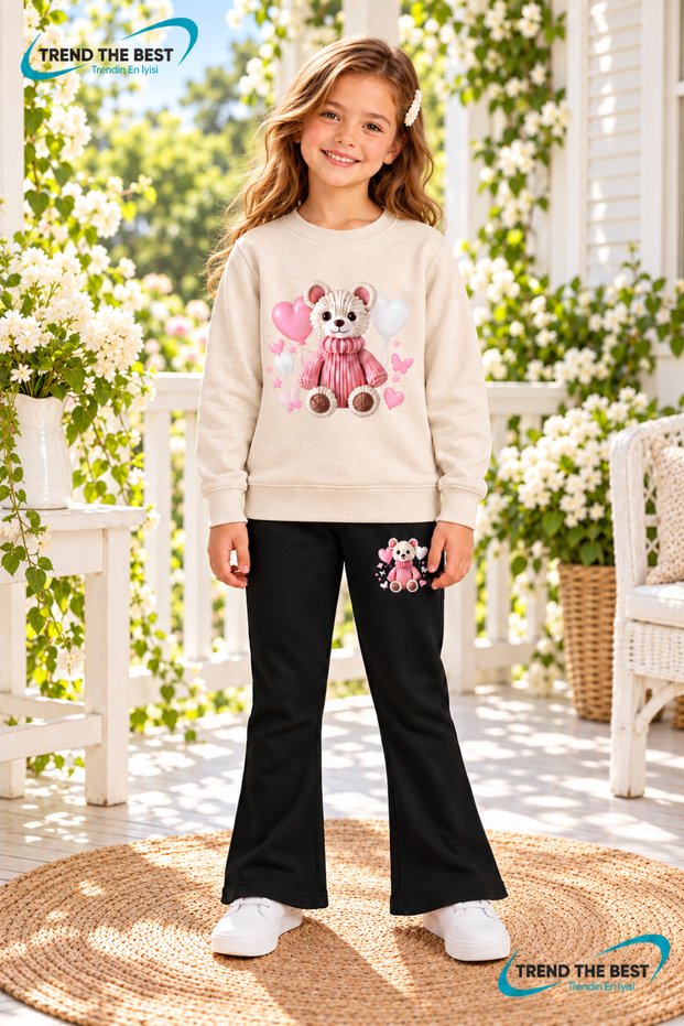Winter, Spring, and Autumn Girls' Black Spanish Flared Bottoms and Beige Sweat Top